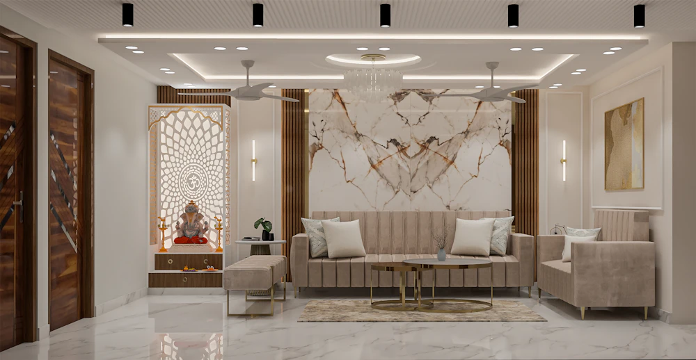 After: elegant living room with feature wall