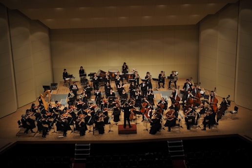 An orchestra is performing on a concert stage.