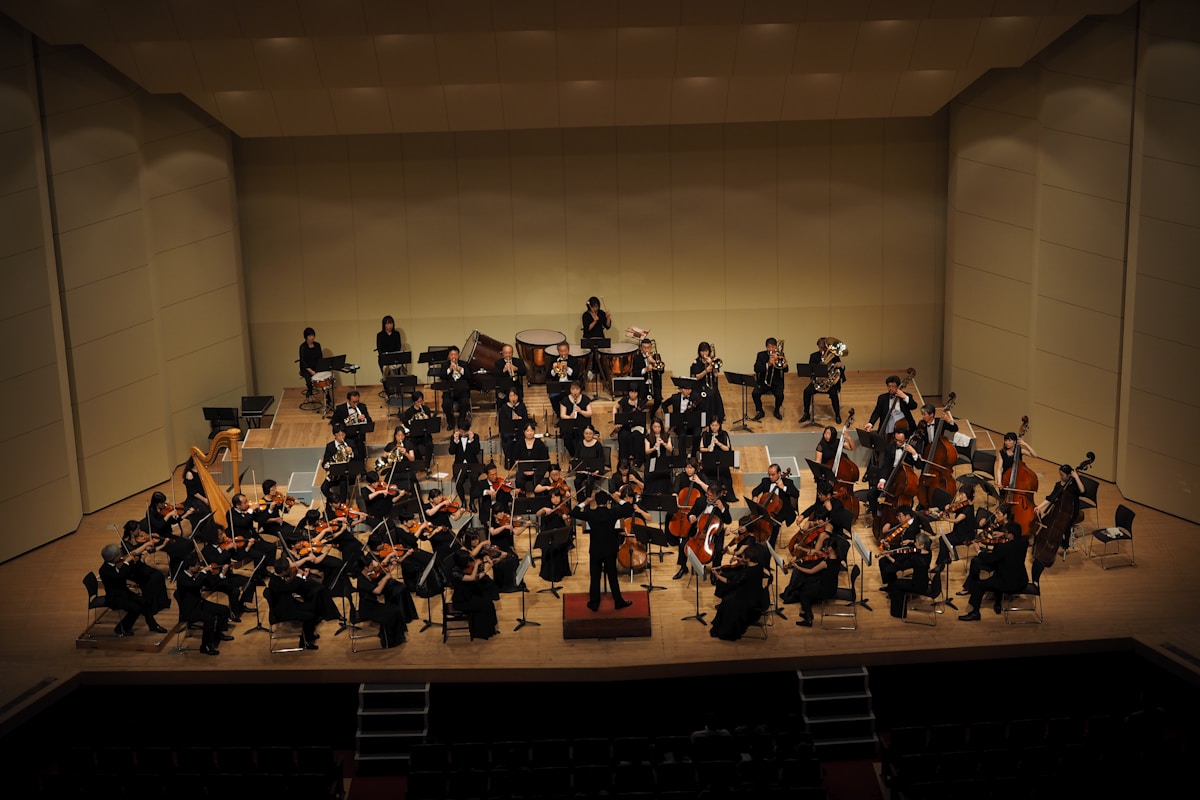 Orchestra performing in concert hall