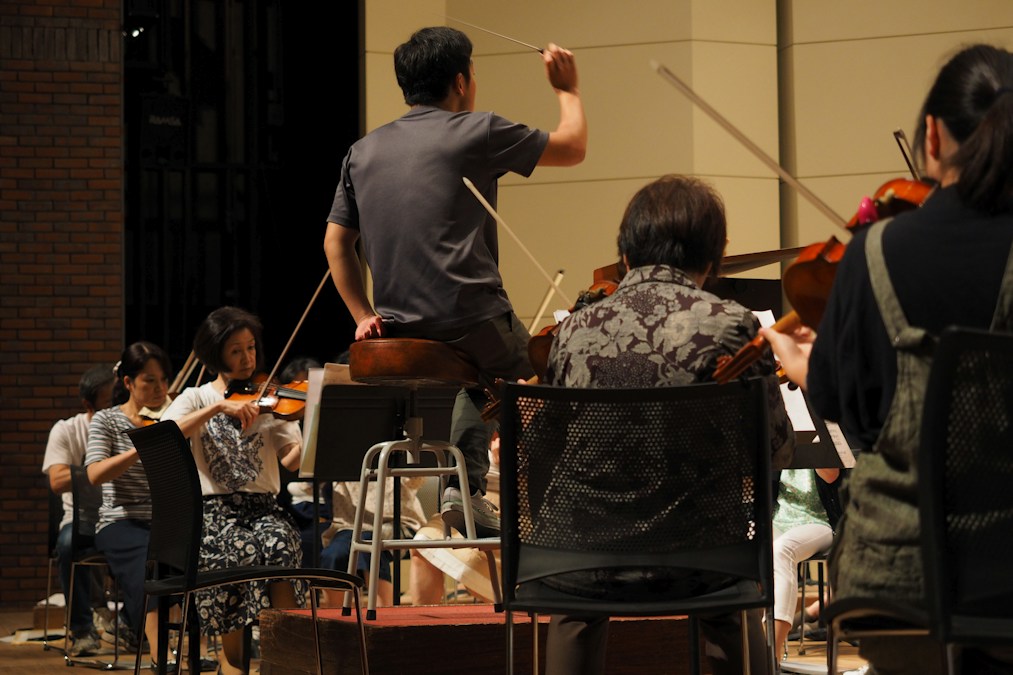 Orchestra conductor leading an ensemble performance in a concert hall