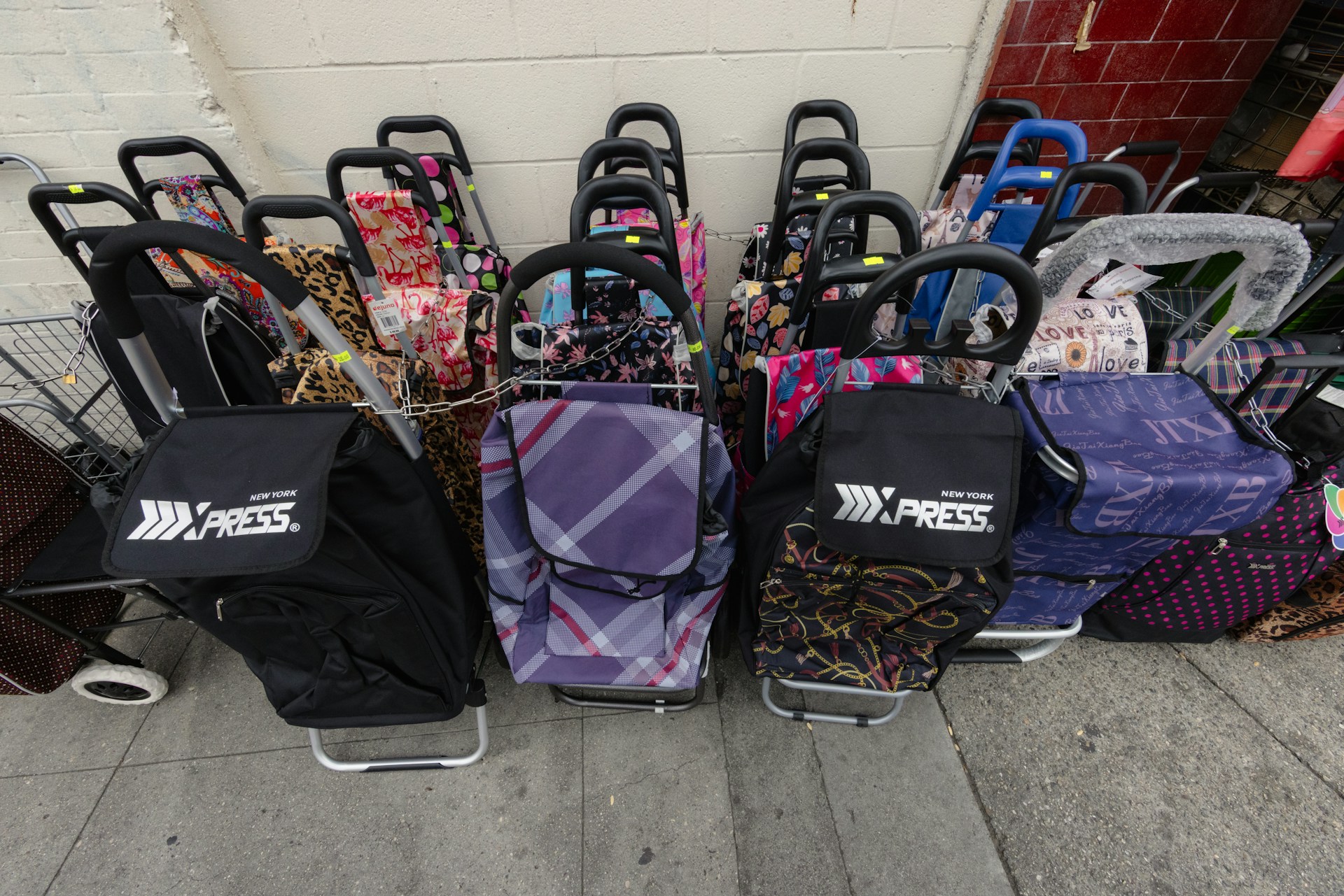 Shopping carts are lined up together outside.