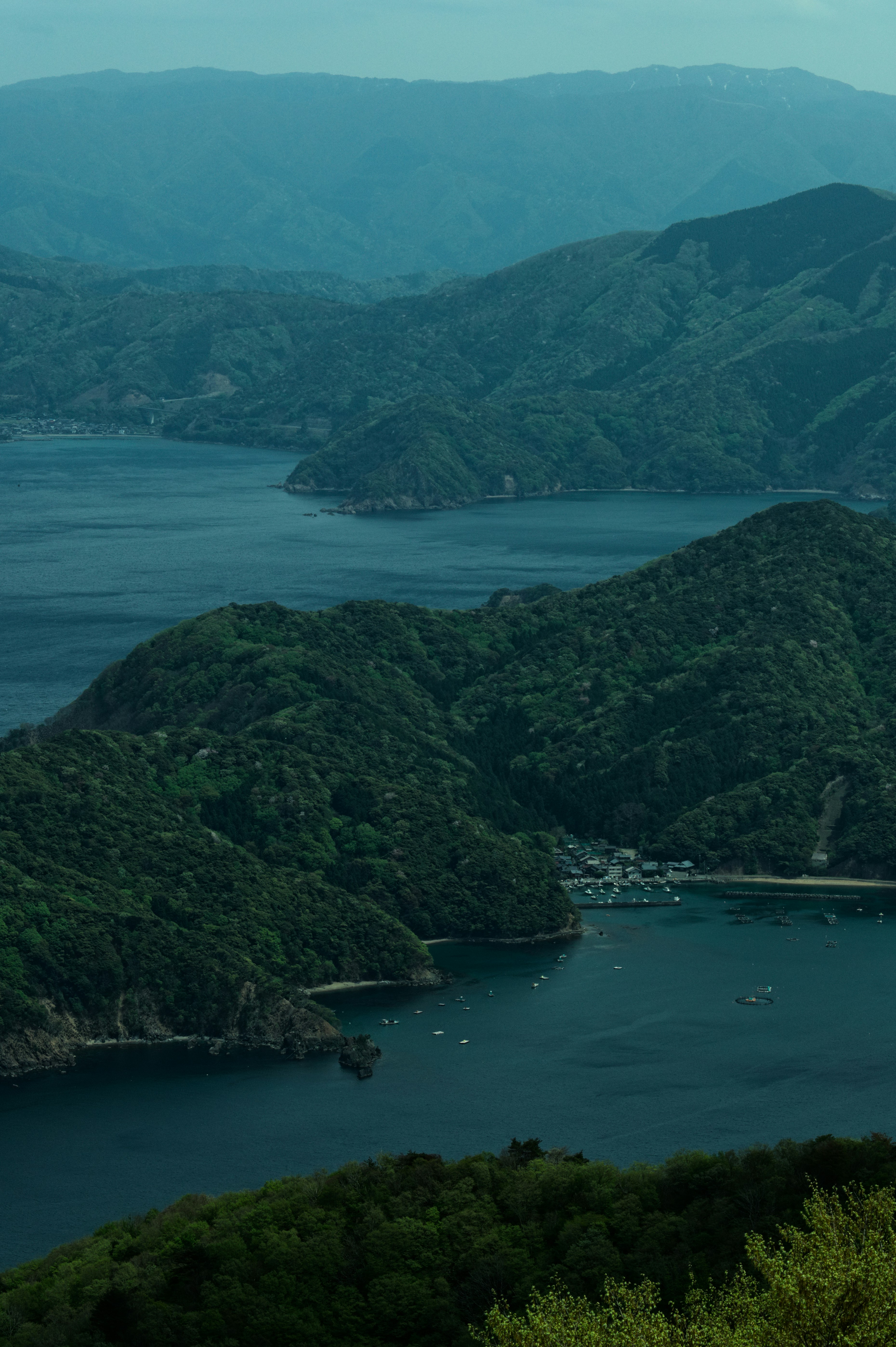 The lush green mountains border a calm blue ocean.
