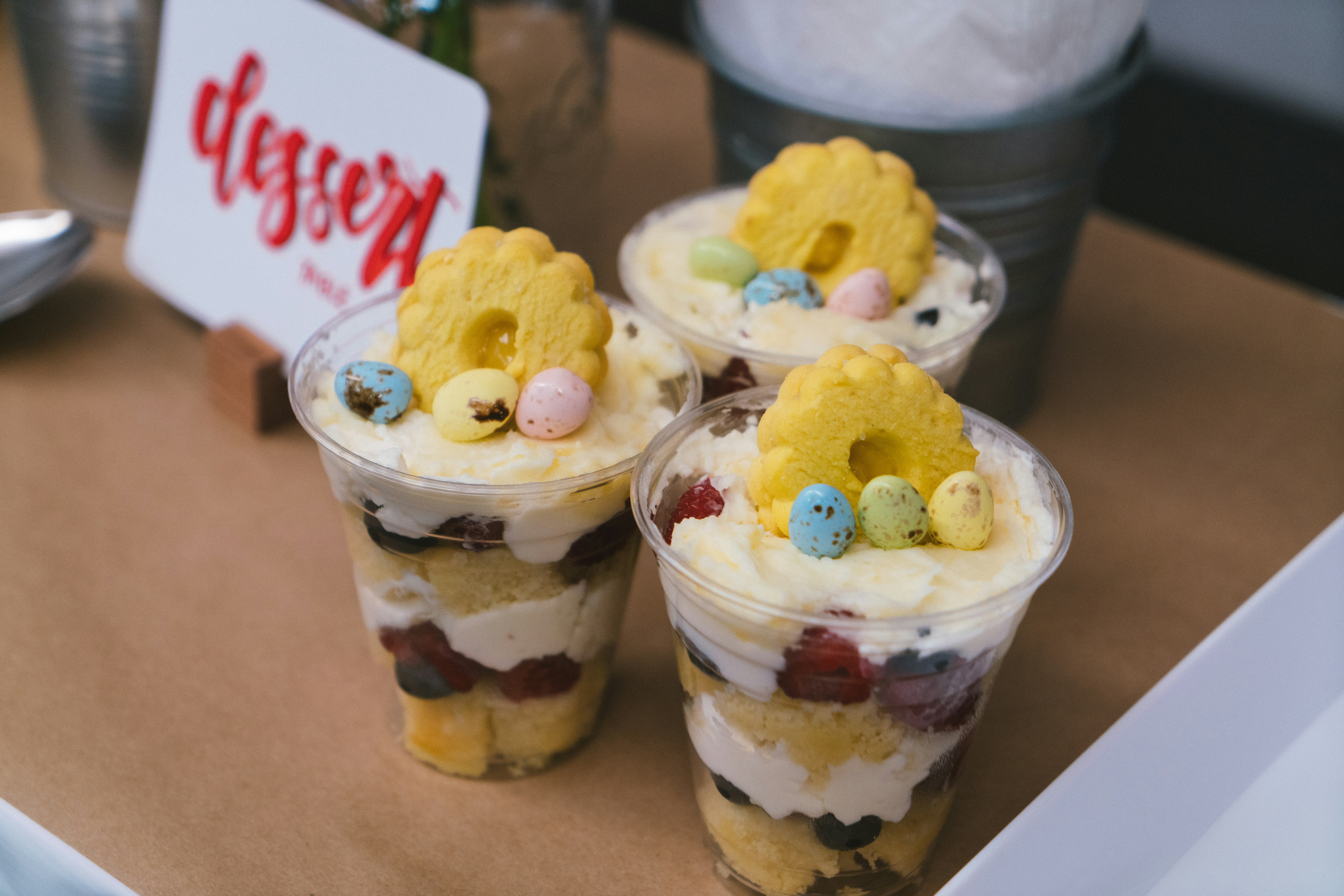 Delicious layered desserts are ready for enjoyment.