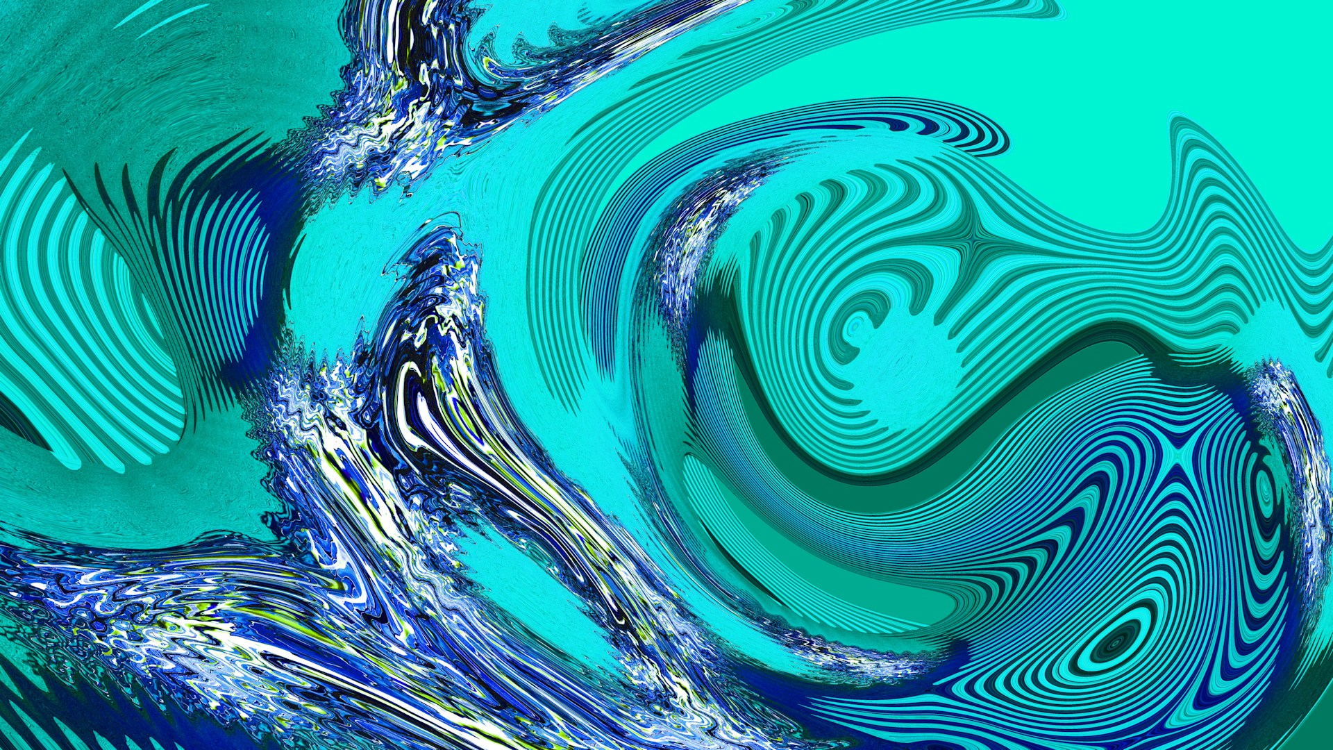 Abstract swirls of teal, blue, and green colors.