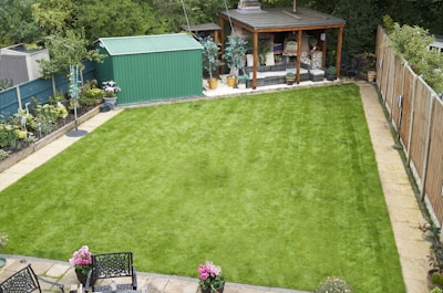 A well-maintained backyard features green grass and buildings.