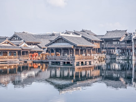 Traditional asian architecture reflected in calm water.