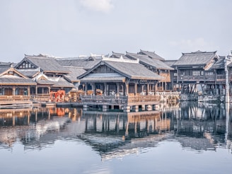 Traditional asian architecture reflected in calm water.