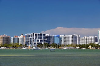 City buildings stand along the coastline with a blue sky.