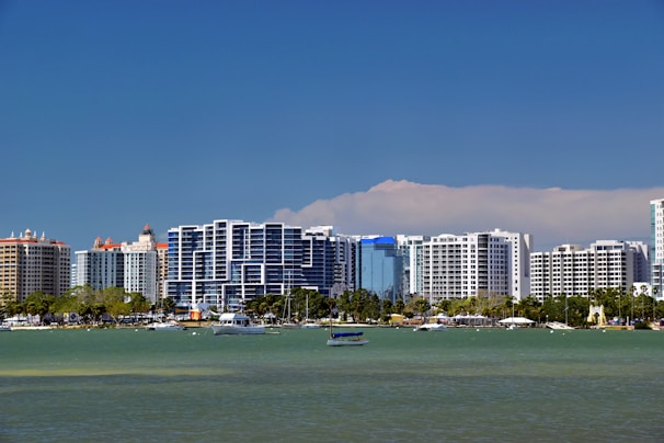 City buildings stand along the coastline with a blue sky.