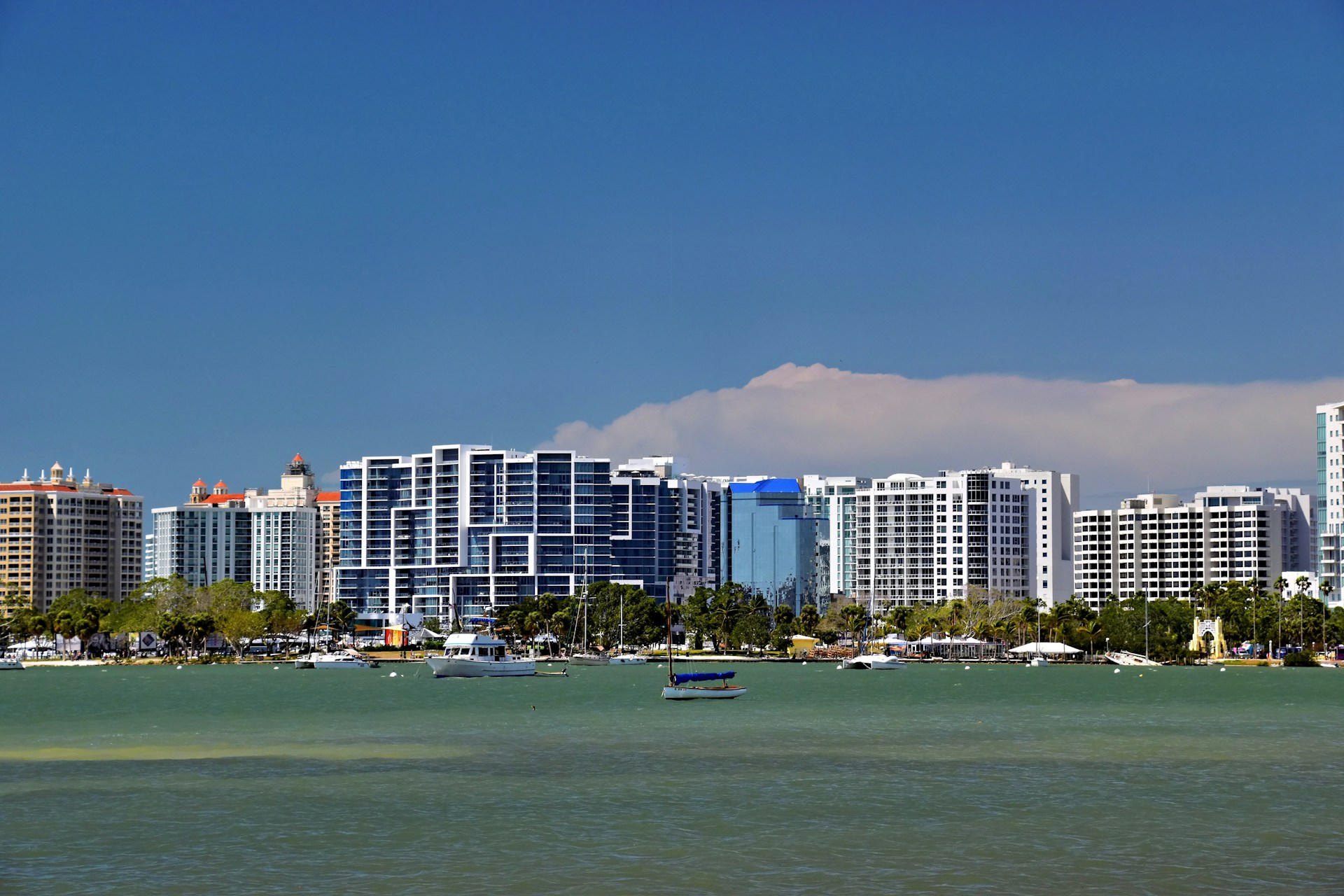 City buildings stand along the coastline with a blue sky.
