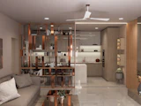 A living room with open kitchen