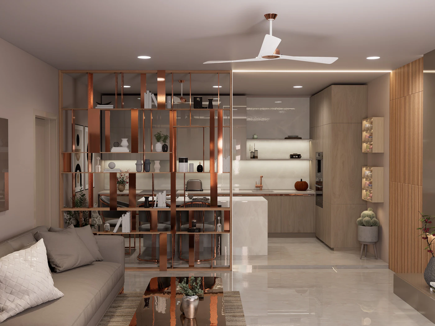 A modern Jamaican apartment living room with a compact compressed sofa