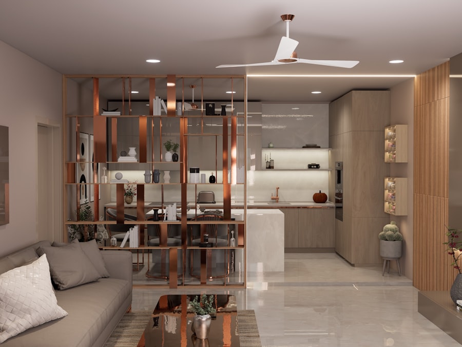 Open-plan living and kitchen with room divider