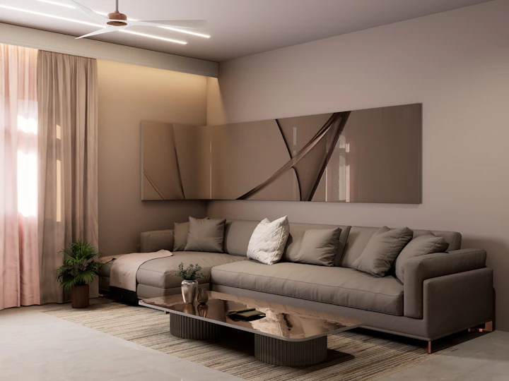 Open-plan living space in warm neutral finishes