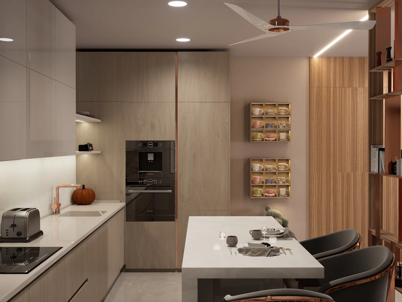 Indian kitchen with breakfast counter and wood tones