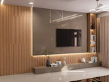 A living room with mounted TV