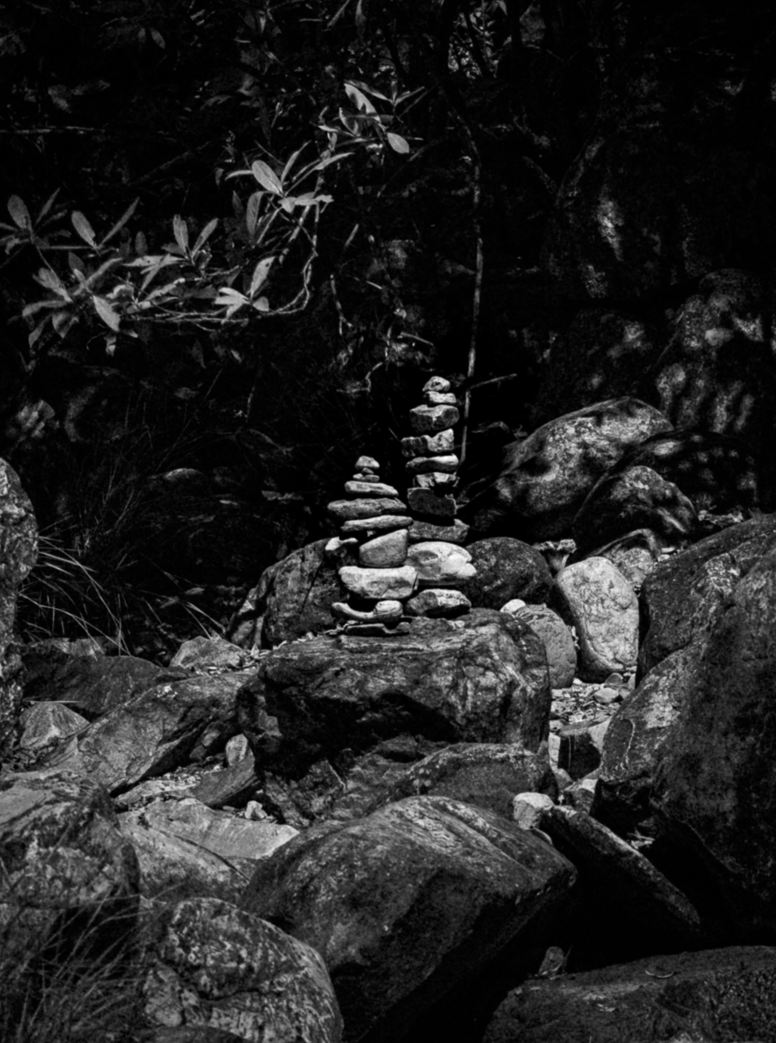 Stone cairns stand amidst rocks in nature.