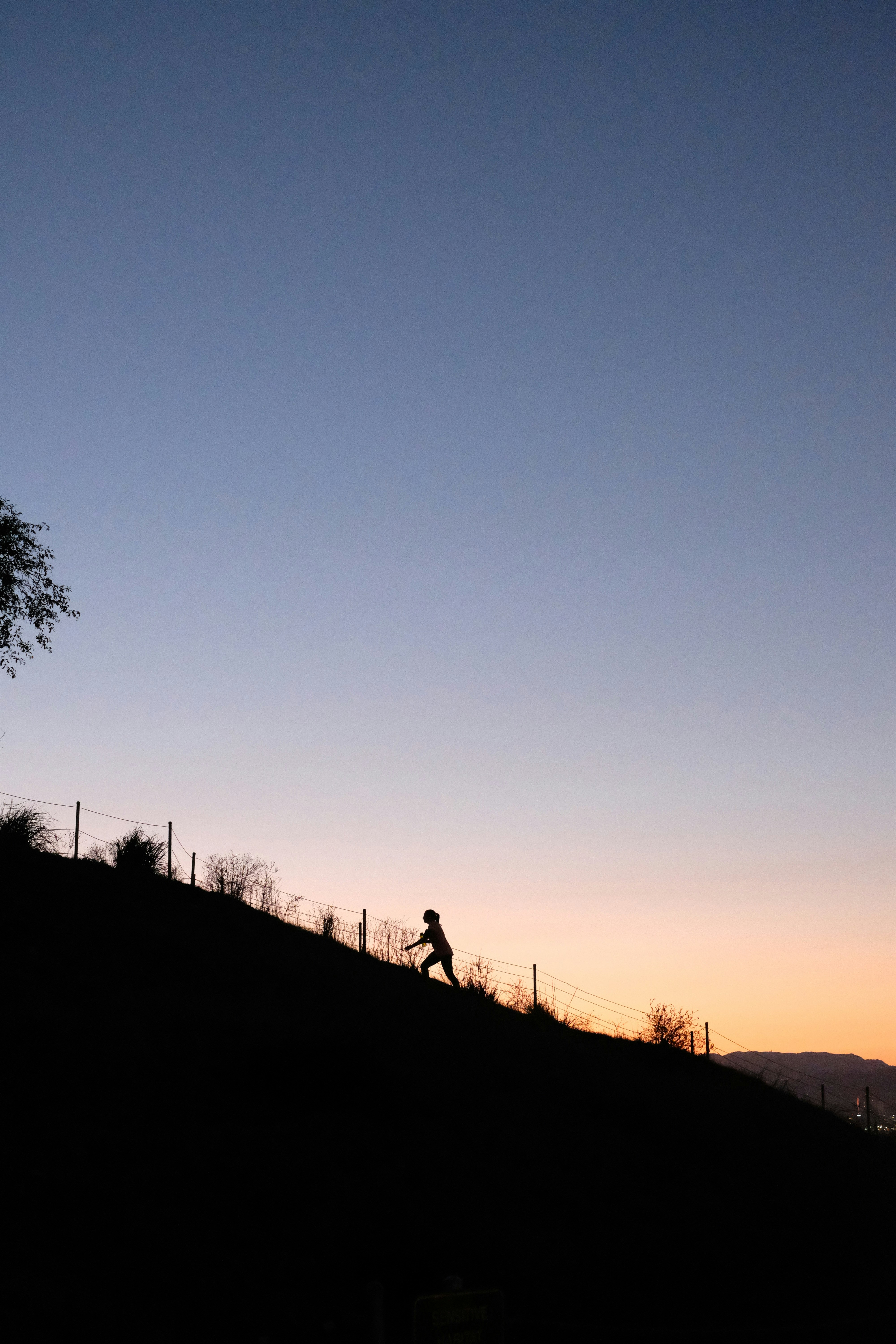 A person climbs a hill against a sunset.