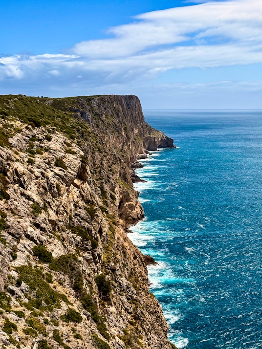 Cliffs overlook the ocean under a clear sky.