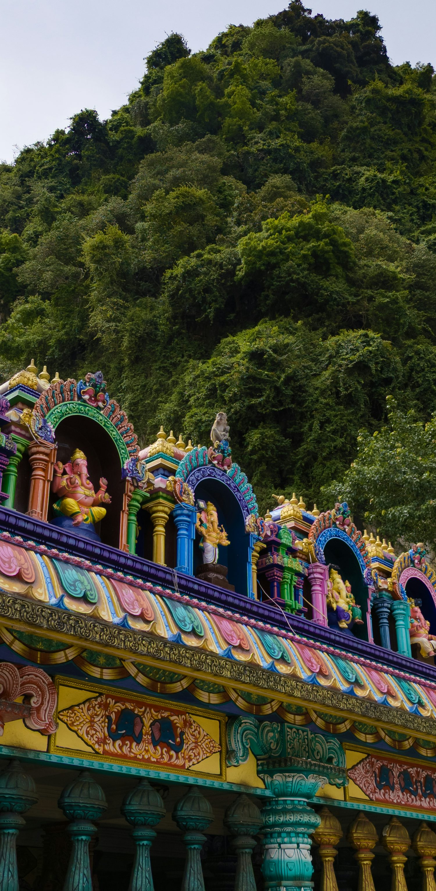 A wide shot of a monkey perched on top of an ornate, colourful Hindu temple. The background is a huge mass of trees and foliage.