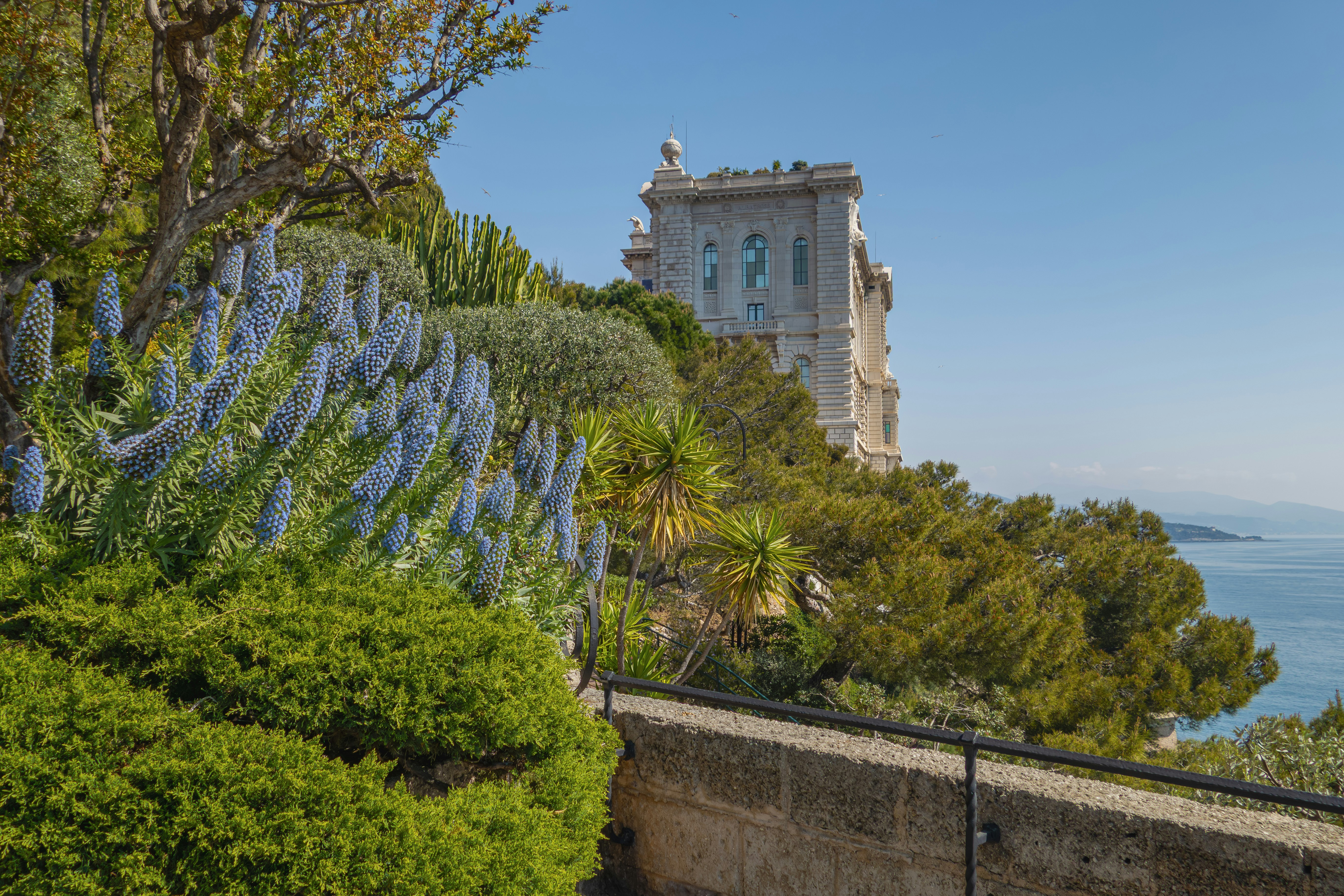 Beautiful building overlooking the sea and lush vegetation.