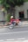 Motorcyclist performs a wheelie on a city street.