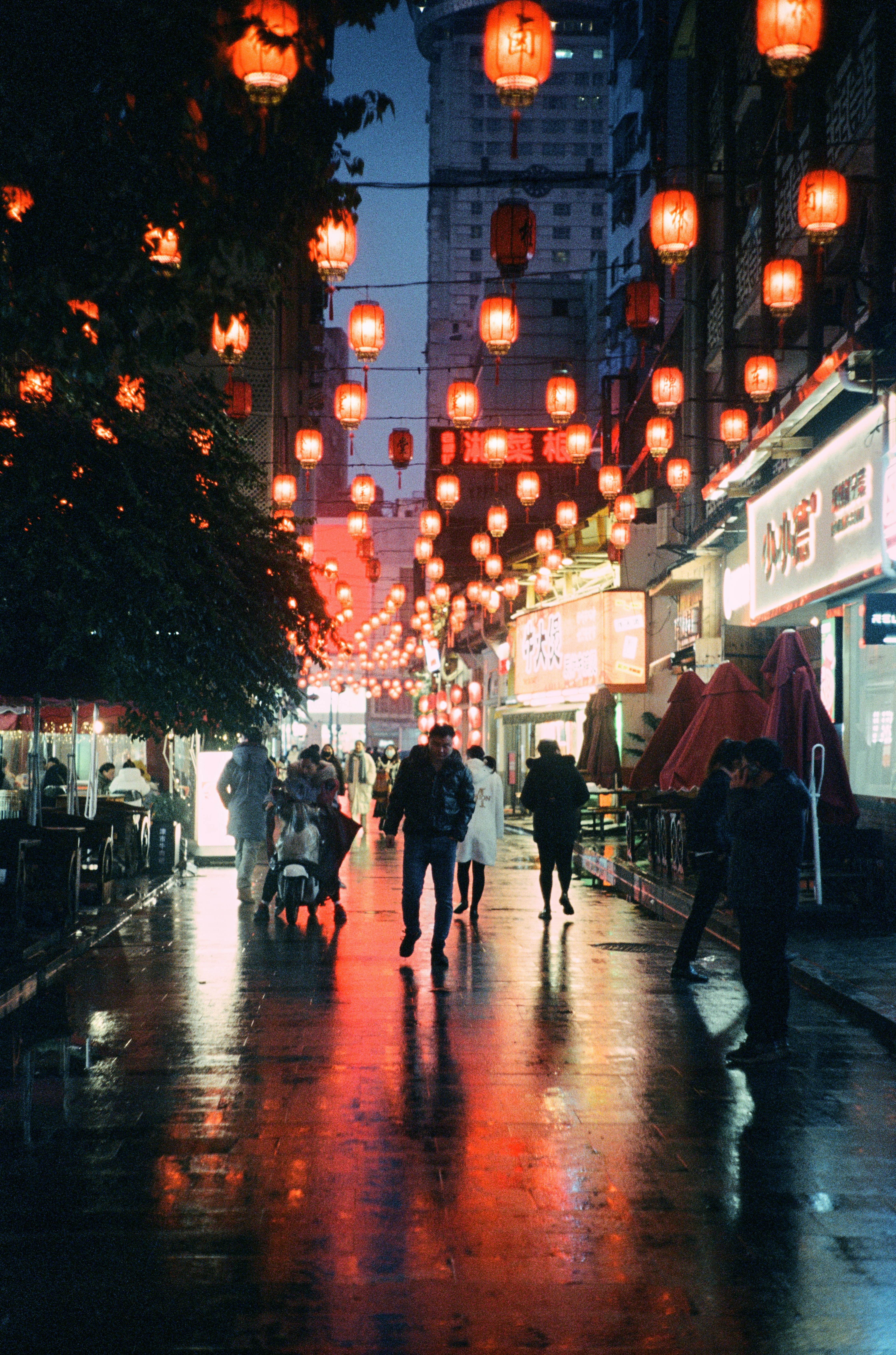 夜の雨の通りを照らす赤い提灯。