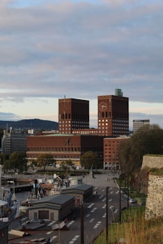Oslo city hall towers over the waterfront.