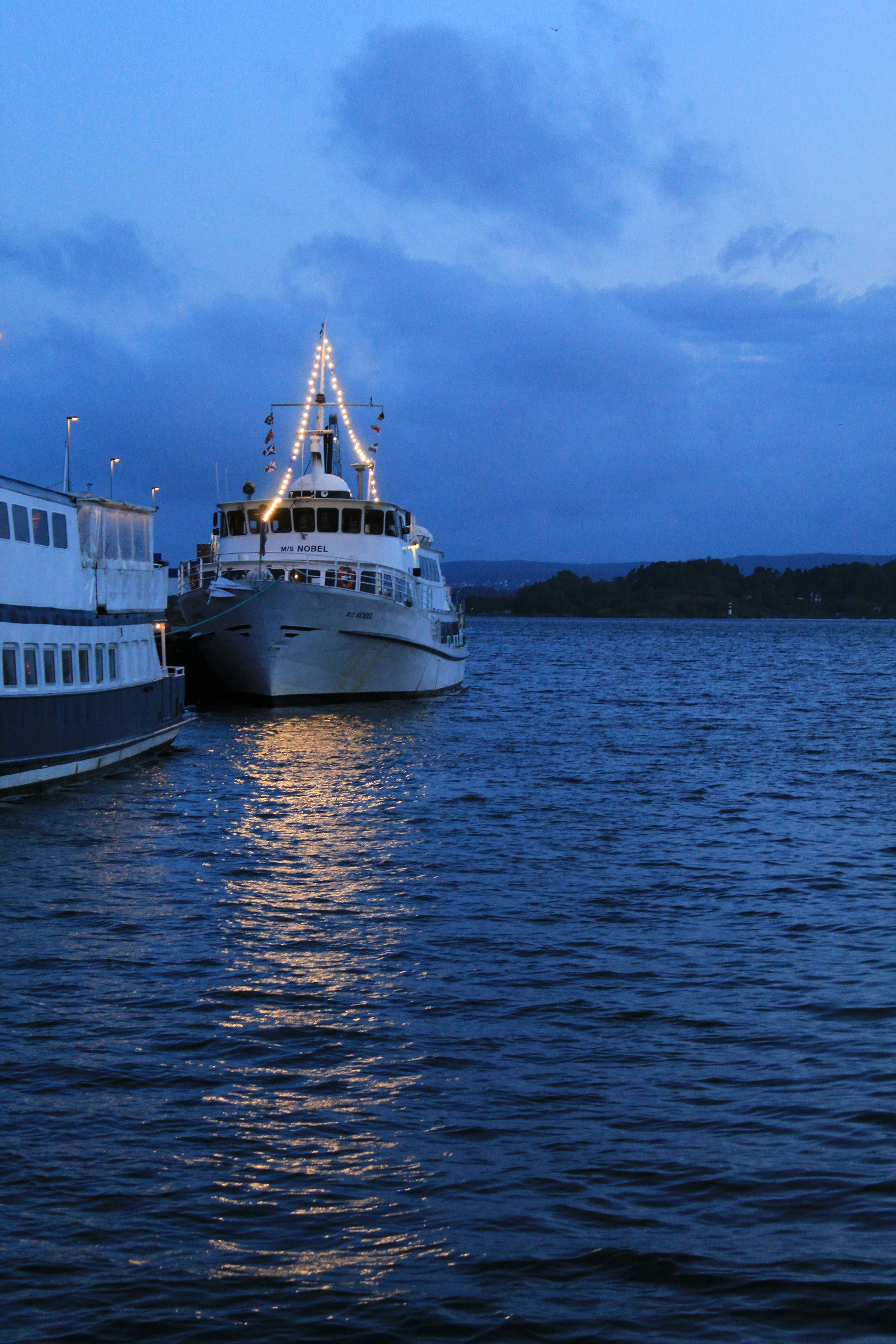 A boat sits on the water at dusk.