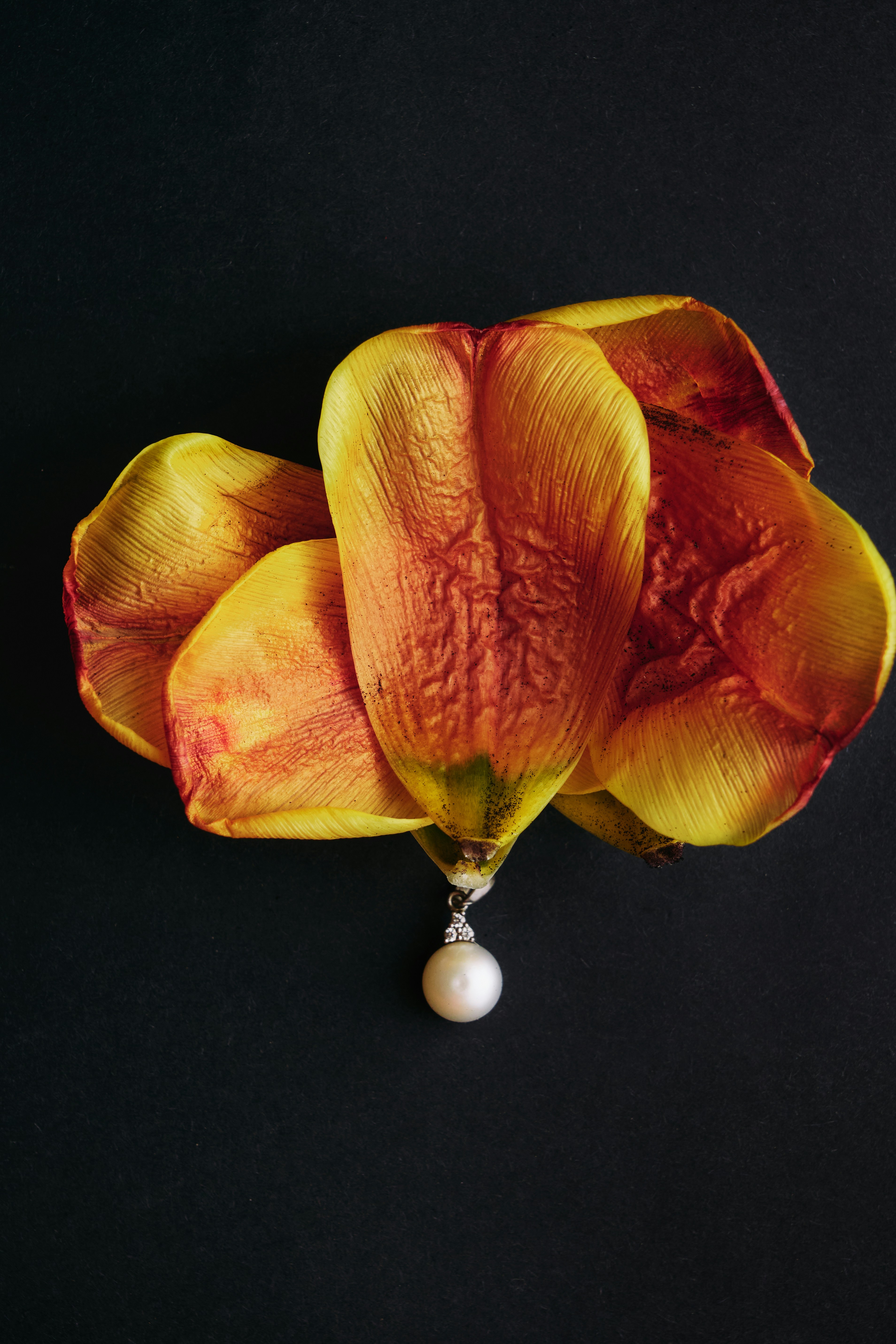 パールペンダント付きの乾燥した花びら。