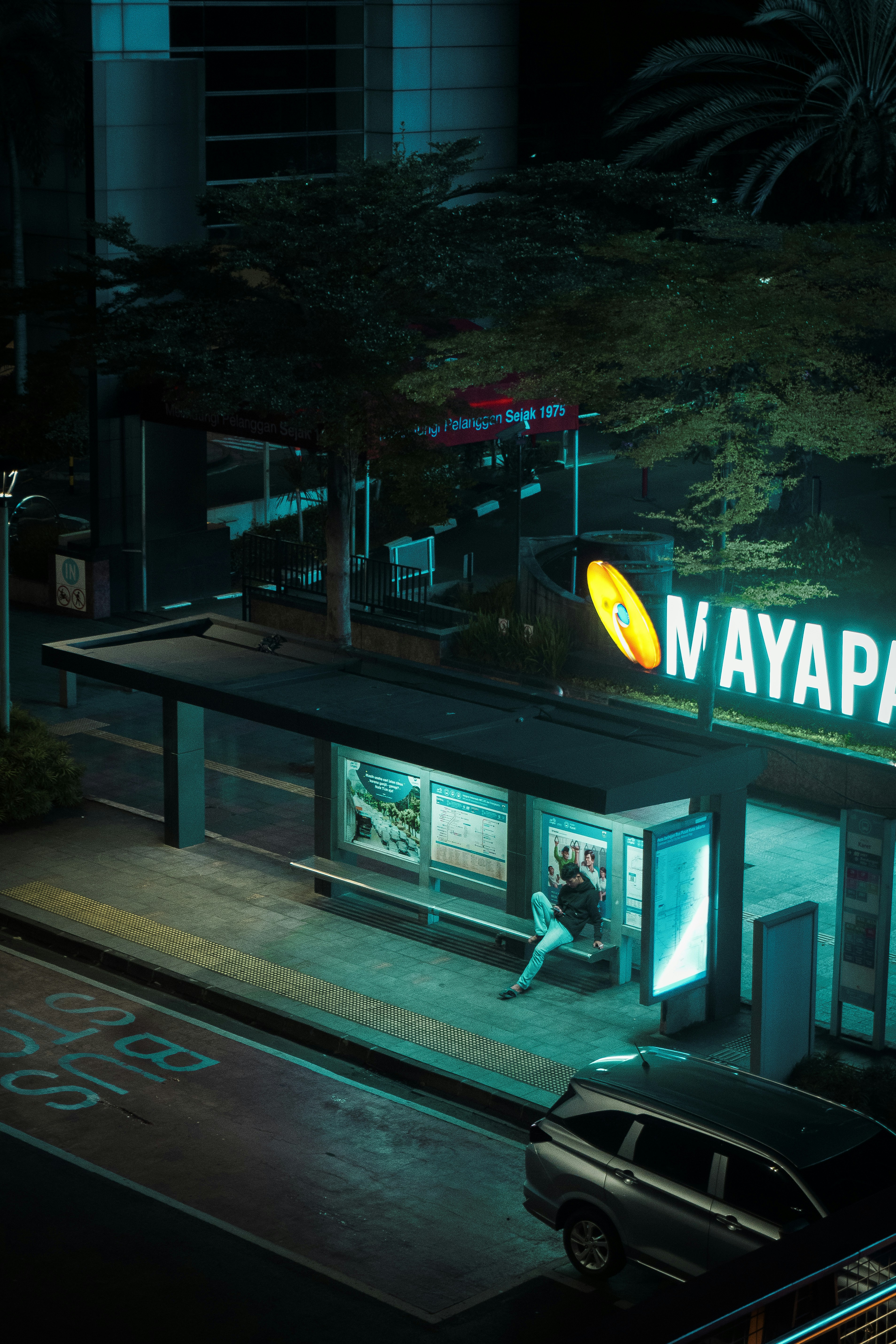 A person waits at a bus stop at night.