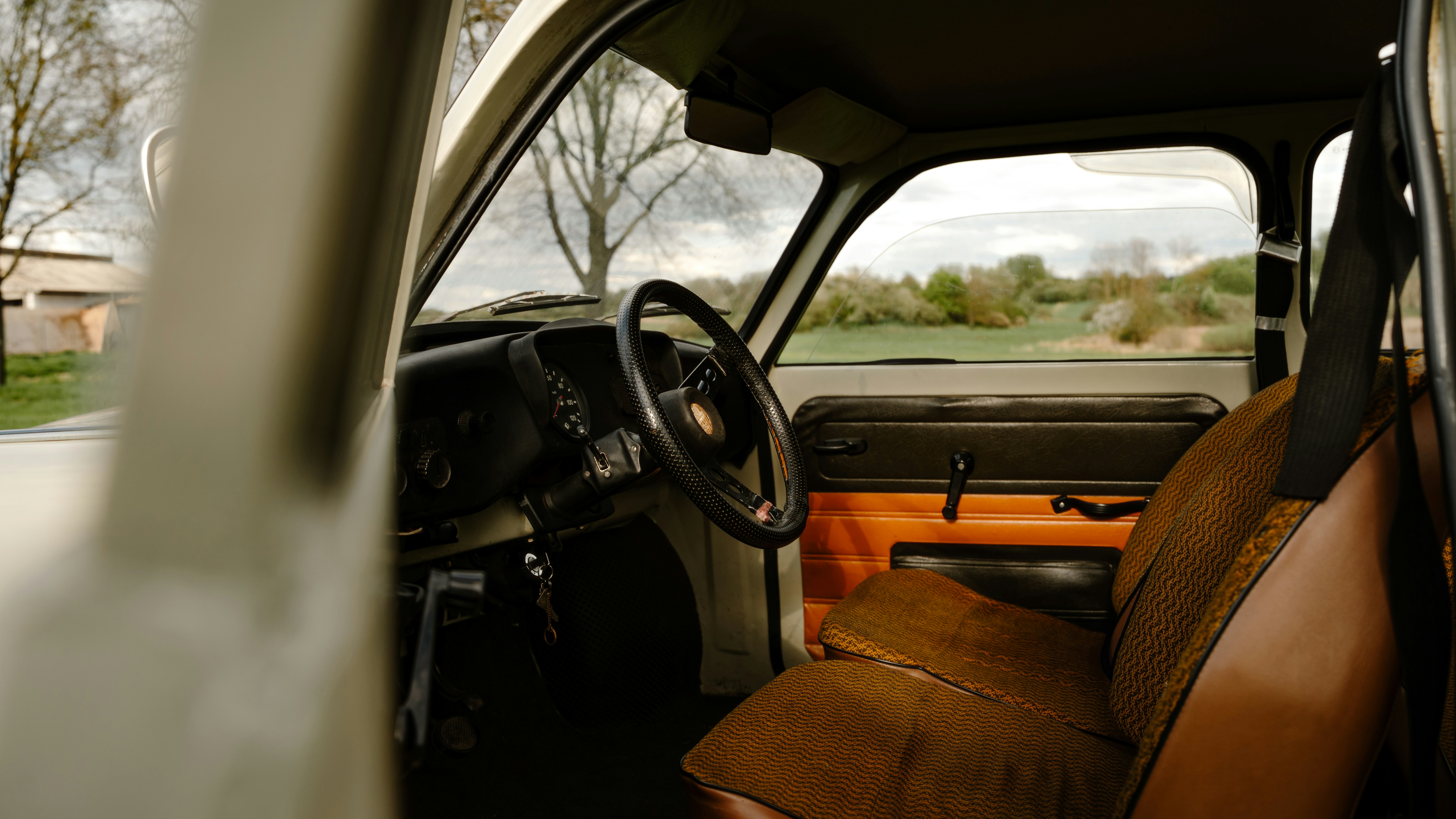 Interior view of an old vehicle.