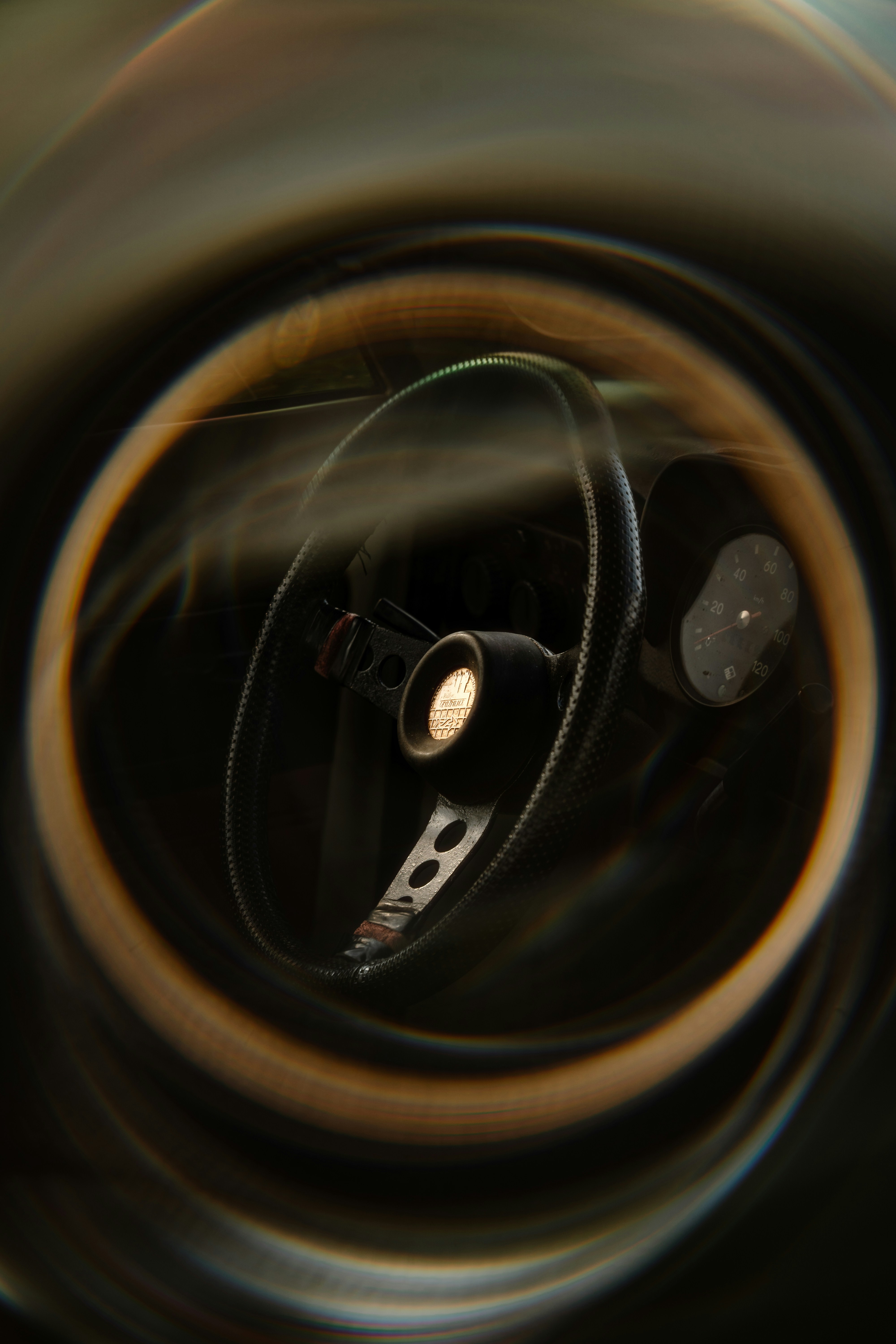 A vintage car's interior.
