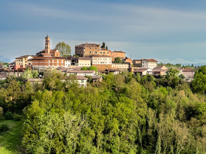 A scenic view of a town atop a hill.