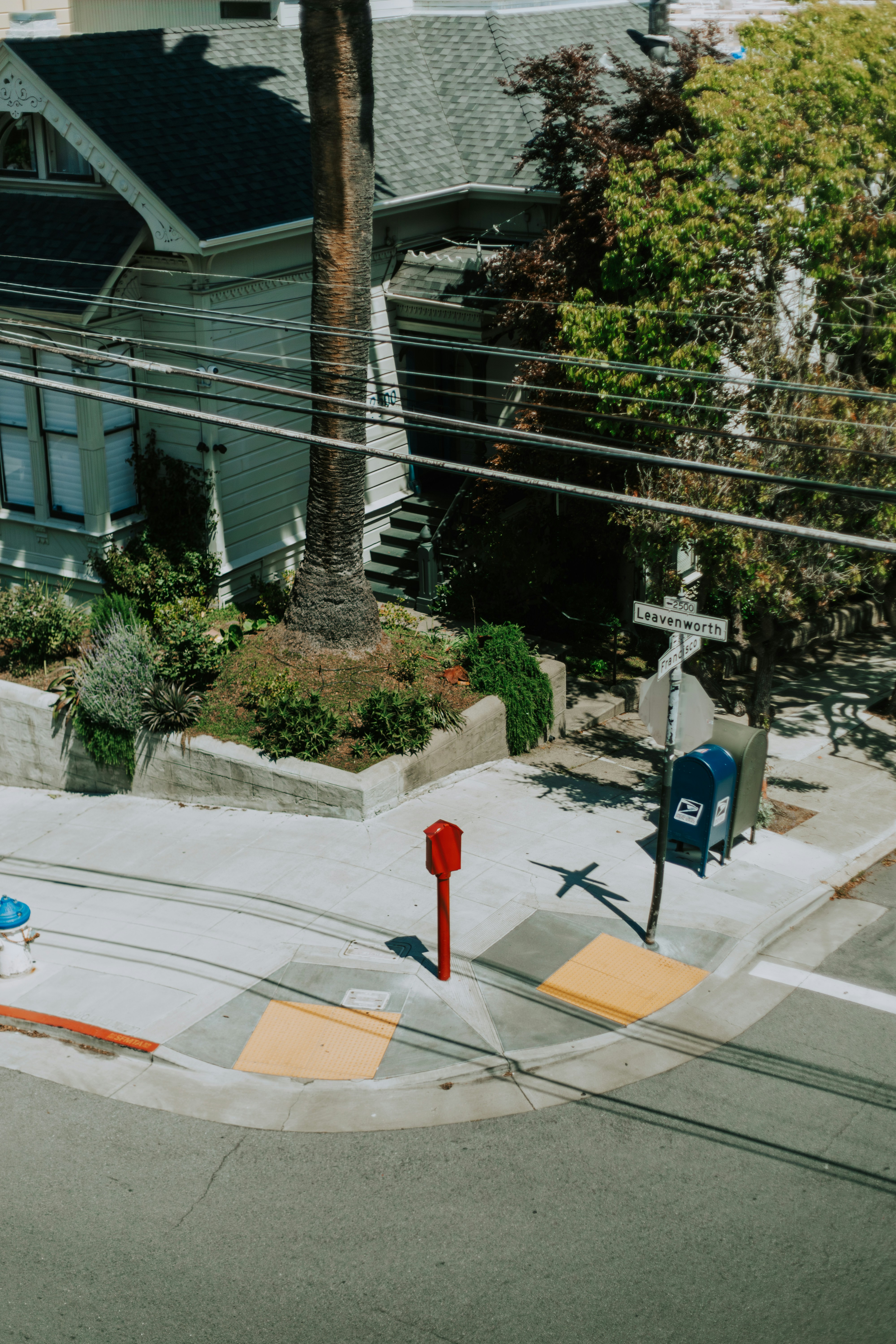 A street corner featuring homes, plants, and street fixtures. photo – Free  Usa Image on Unsplash, image size:3000x4500