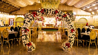 Elegant event hall decorated for a celebration.