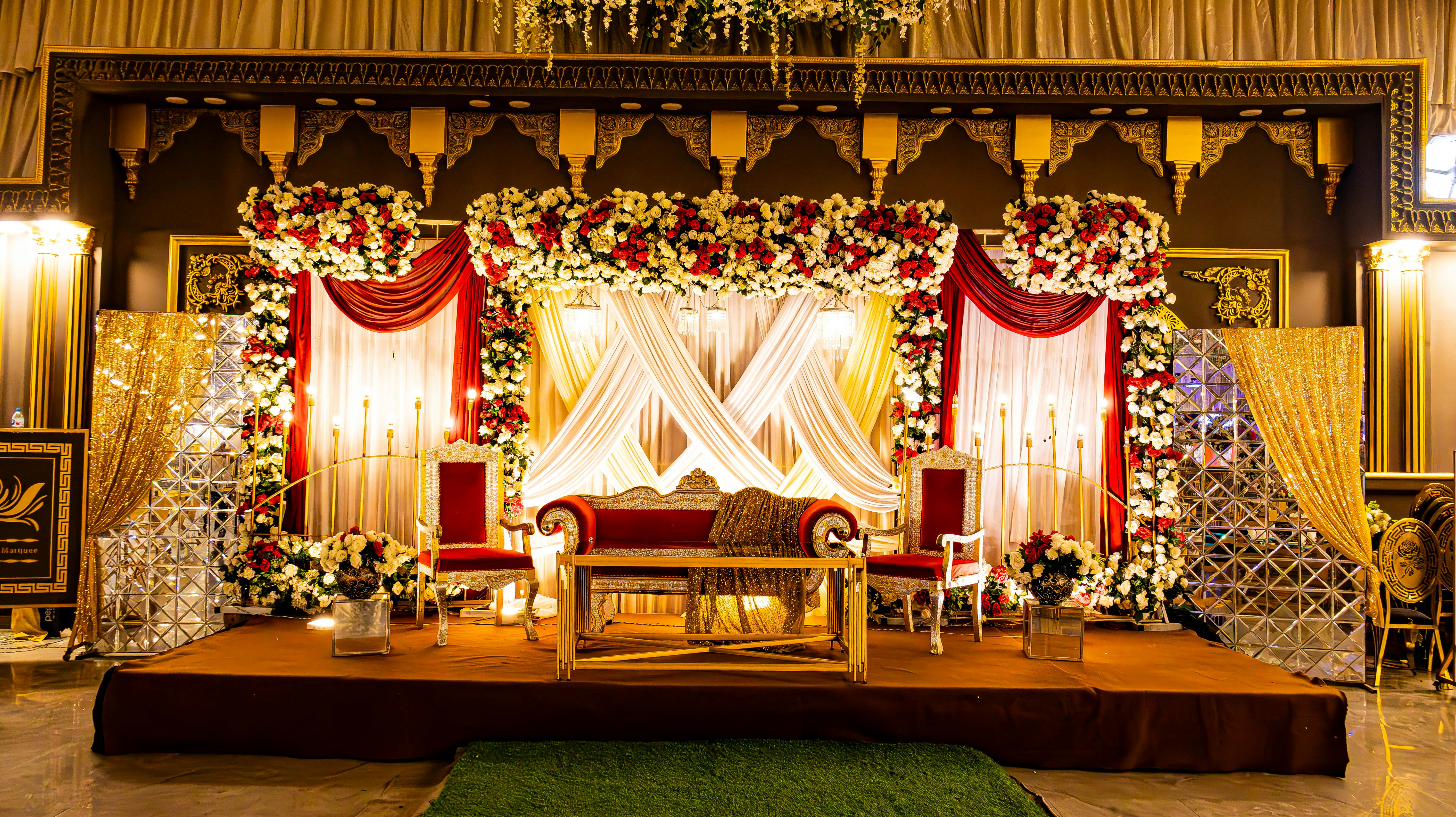 A beautifully decorated stage is ready for a celebration