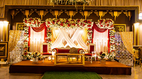 An elaborately decorated wedding stage ready for a ceremony
