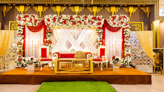 A beautifully decorated stage for a wedding.