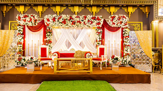 A beautifully decorated stage for a wedding.
