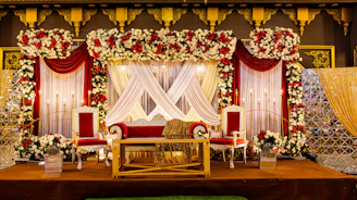 A beautifully decorated wedding stage.
