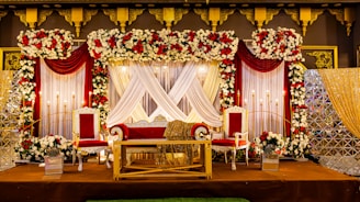 A beautifully decorated wedding stage.