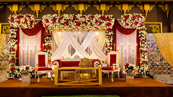 A beautifully decorated wedding stage.
