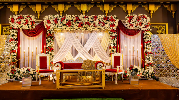 A beautifully decorated wedding stage.