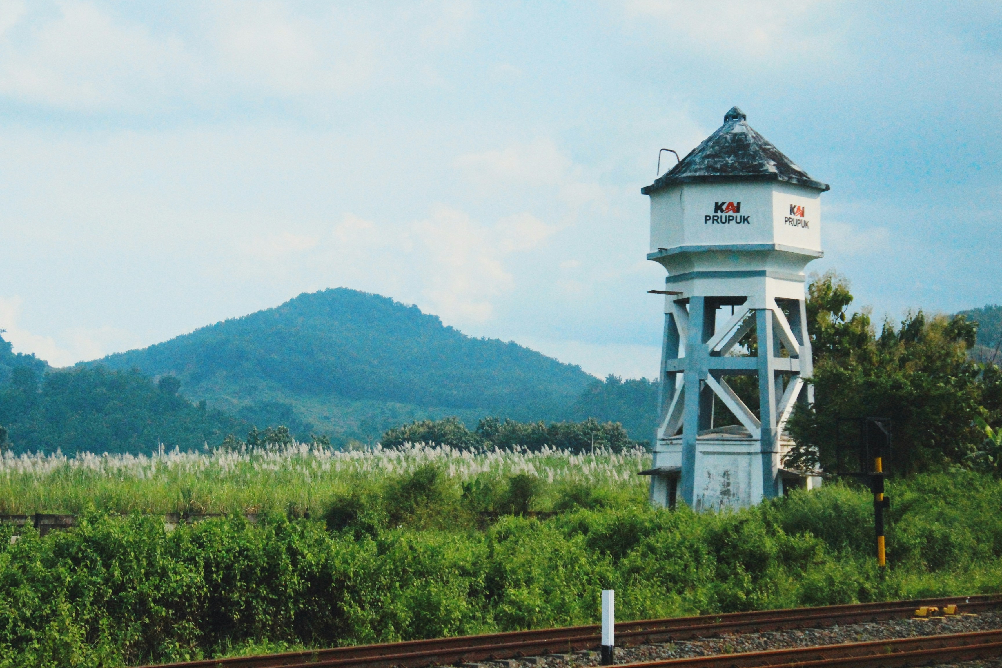 Menara air berdiri tegak di dekat lapangan hijau yang subur