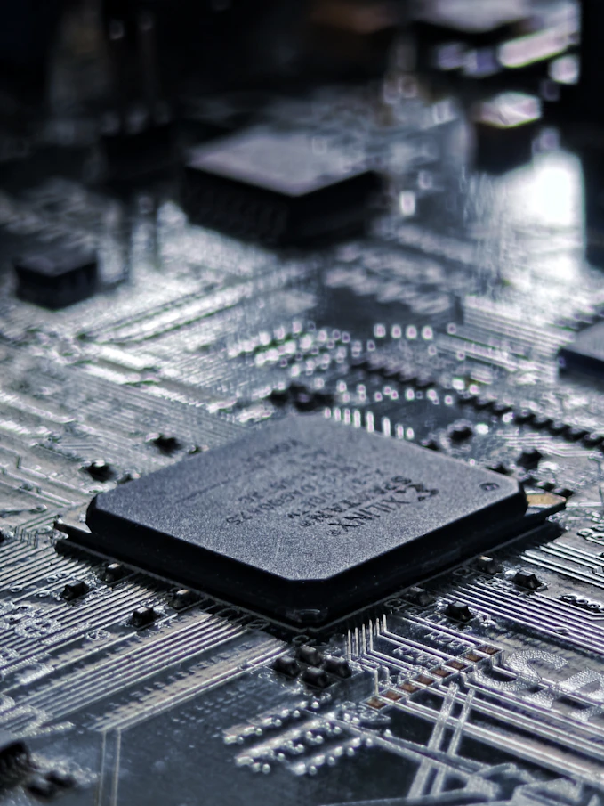 A detailed close-up of a computer motherboard.