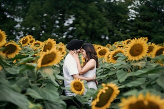 Couple embracing in a vibrant sunflower field.