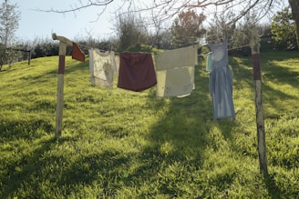 Laundry is drying on a clothesline outdoors.