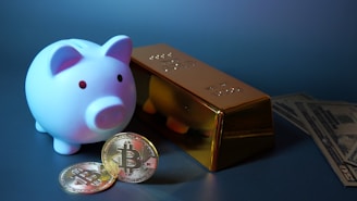 Piggy bank, gold, bitcoin, and money for investment.
