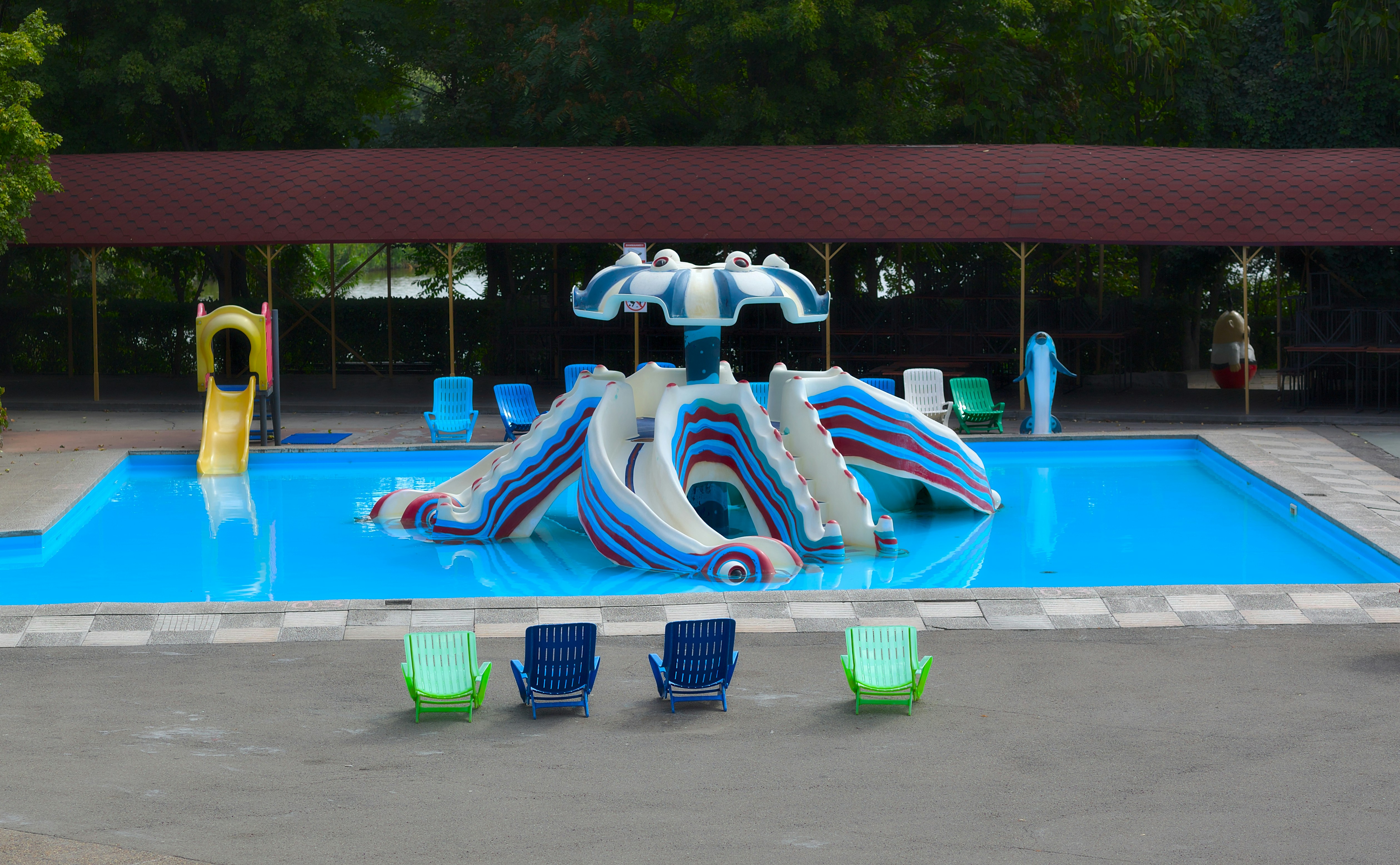 Pool with slides and lounge chairs is shown.